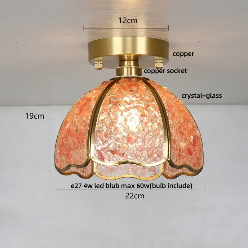 Nordic green and purple mosaic glass crystal ceiling light with warm-toned copper finish for bedroom use