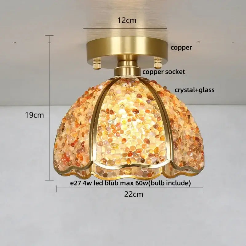 Nordic green and purple mosaic glass crystal ceiling light with warm copper finish and amber golden dome shade for bedroom