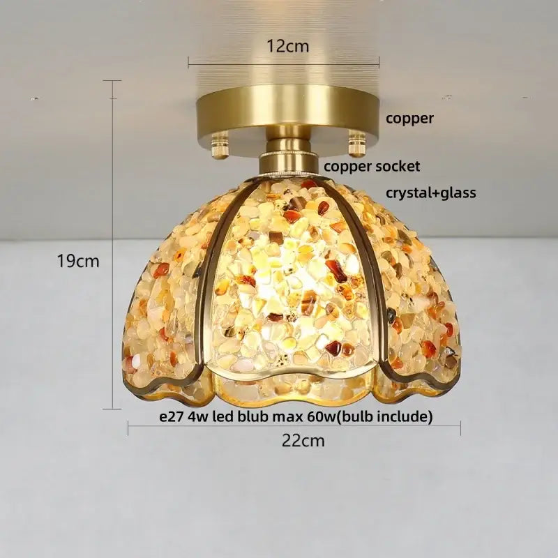 Nordic green and purple mosaic glass crystal ceiling light with amber pendant and copper-finished base for bedroom