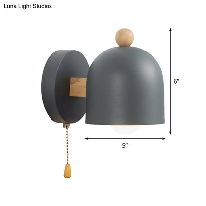 DecorBites™ DecorBites™ Nordic Grey Dome Pull-Chain Wall Lamp with Wood Detail for Bedroom Lighting (1 Bulb)