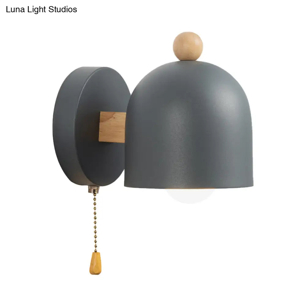 DecorBites™ DecorBites™ Nordic Grey Dome Pull-Chain Wall Lamp with Wood Detail for Bedroom Lighting (1 Bulb)