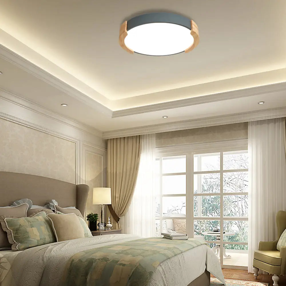 DecorBites™ DecorBites™ Nordic Grey/White/Green Round Flush Light with Wood Side Guard - Ceiling Mounted Fixture for Bedroom