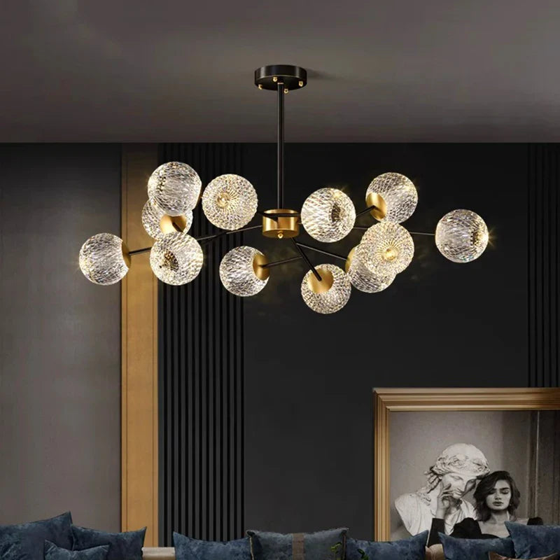 Modern brass-colored chandelier with clear textured glass spheres pendant lamp for dining room and living room lighting