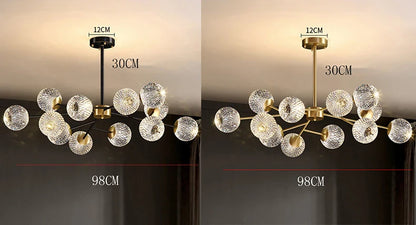 Modern chandelier with gold-finished metal frame and clear textured glass globe shades for nordic dining room lighting