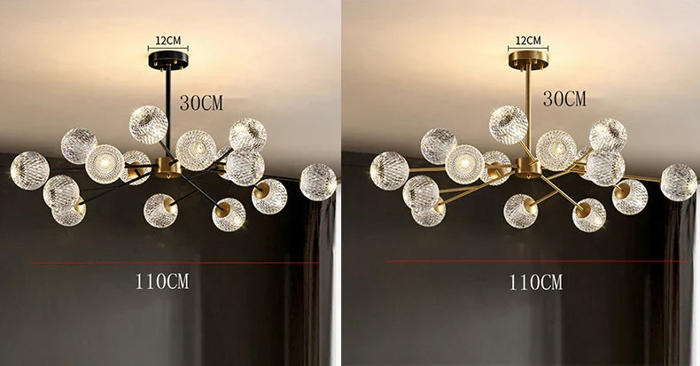 Modern chandelier pendant lamp with brass finish and clear faceted glass globes for nordic dining room decor