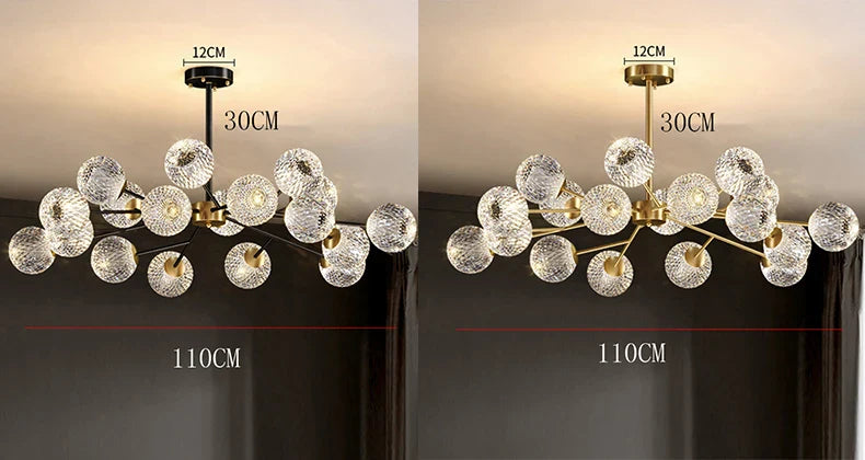 Modern chandelier with gold-finished metal frame and clear textured glass globe shades for Nordic dining room lighting