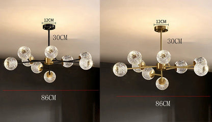 Modern chandelier with black metal frame and clear textured glass globe shades for nordic dining room decor lighting