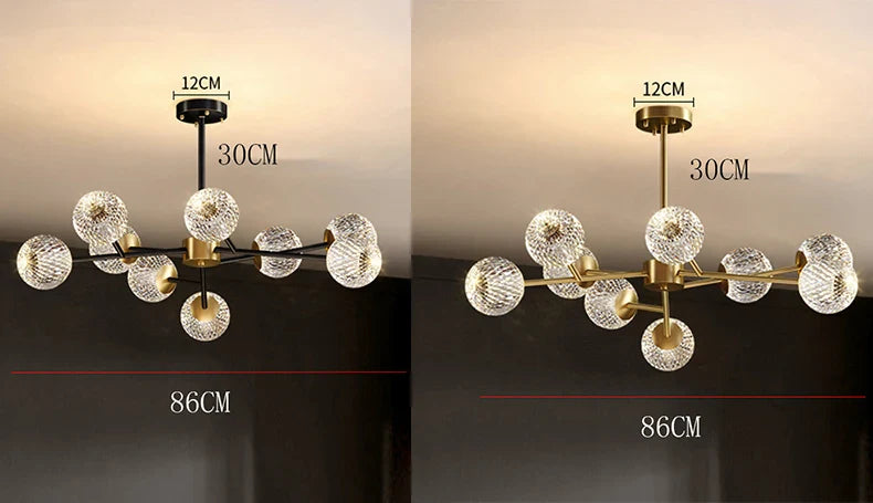 Modern chandelier with black metal frame and clear textured glass globe shades for nordic dining room decor lighting