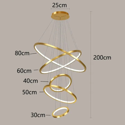 Gold-toned modern spiral chandelier with concentric rings for nordic home decor stair lighting by decorbites nordic home