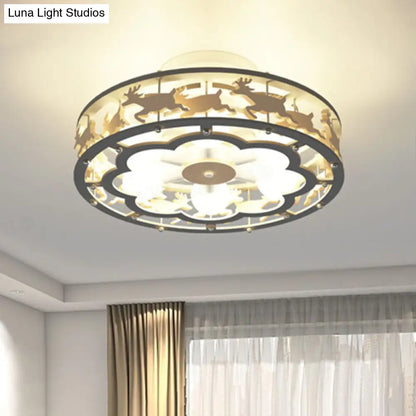 DecorBites™ DecorBites™ Nordic Iron Drum Ceiling Light Fixture 6-Bulb Semi Flush Mount, Grey with Wood Elk Decor