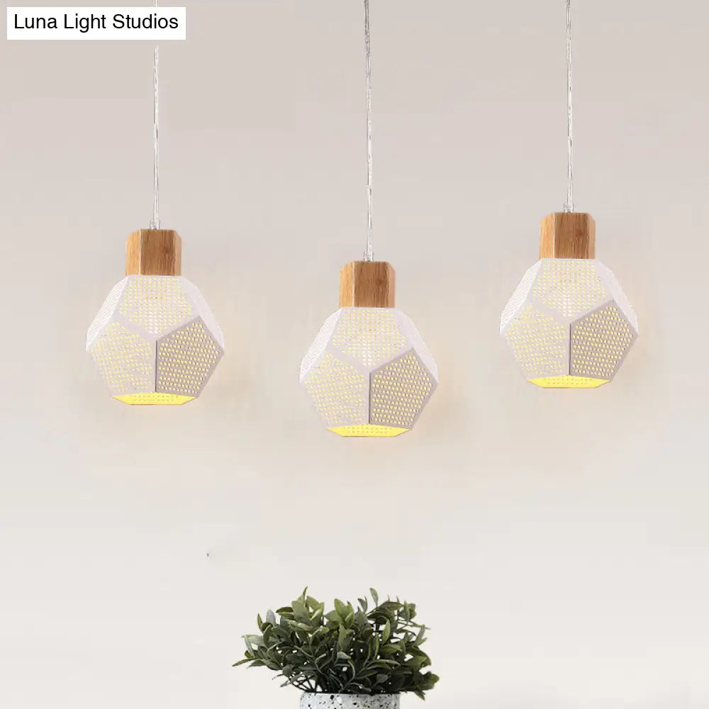 Nordic Iron Faceted Mesh Pendant Lamp - 3-Bulb White & Wood Ceiling Light for Table