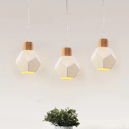 Nordic Iron Faceted Mesh Pendant Lamp - 3-Bulb White & Wood Ceiling Light for Table