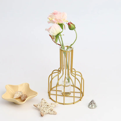 Nordic Iron Golden Hydroponic Vase with Dried Flowers - Vase