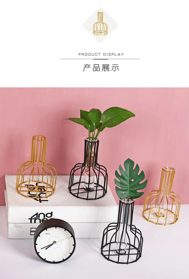Nordic Iron Golden Hydroponic Vase with Dried Flowers - Vase