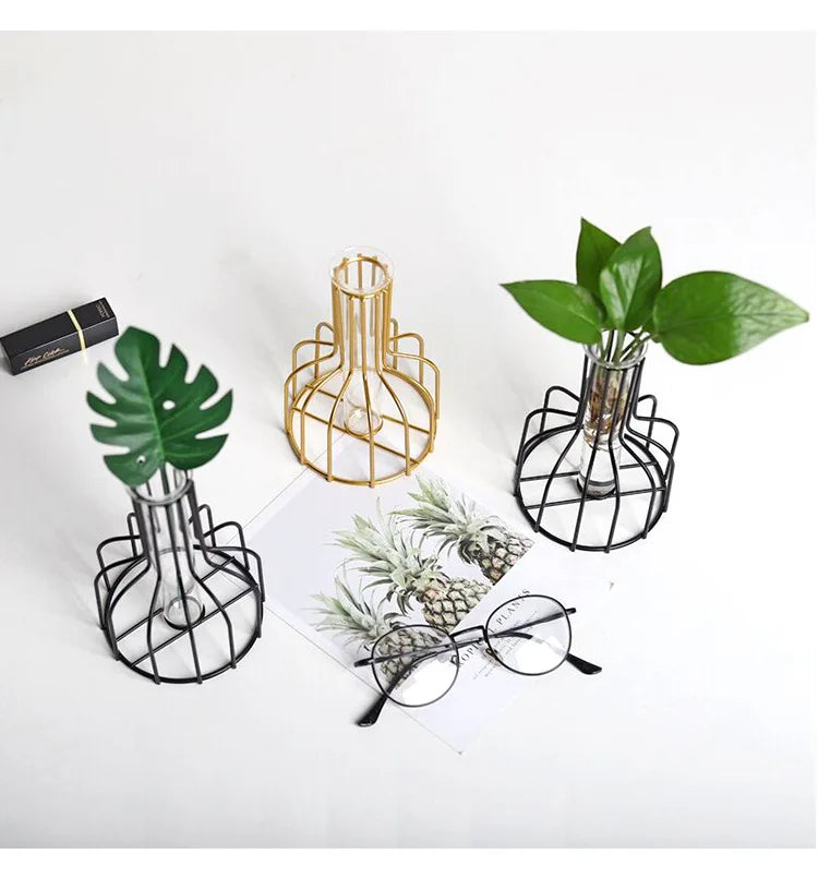 Nordic Iron Golden Hydroponic Vase with Dried Flowers