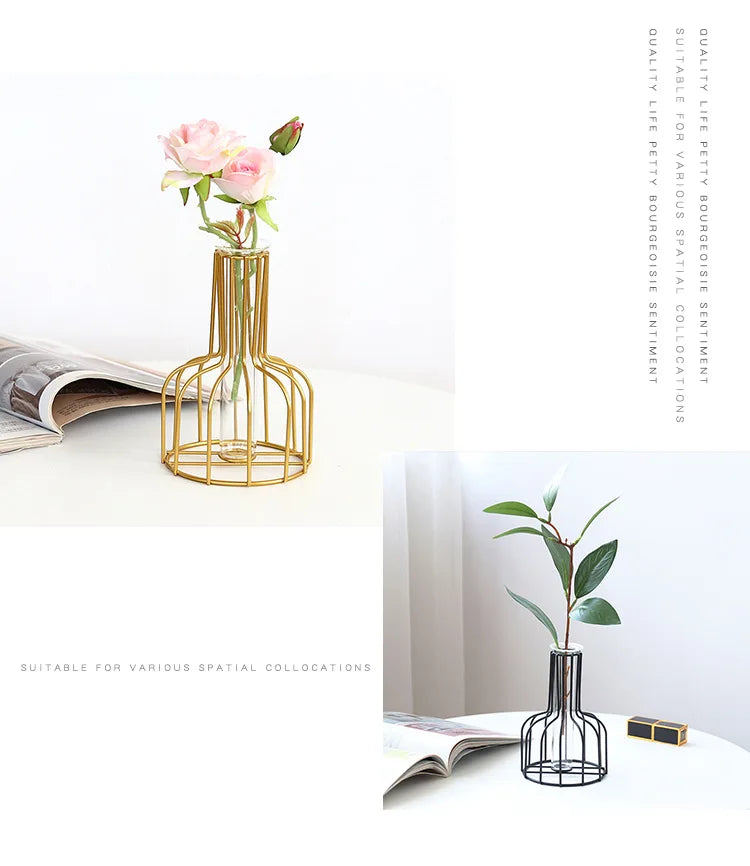 Nordic Iron Golden Hydroponic Vase with Dried Flowers - Vase