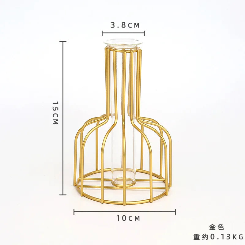 Nordic Iron Golden Hydroponic Vase with Dried Flowers - Gold - Vase