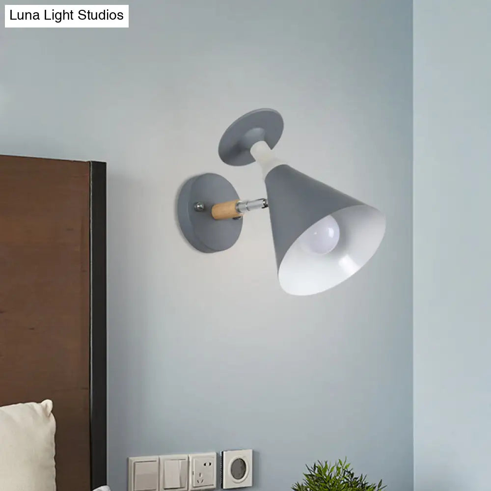 DecorBites™ DecorBites™ Nordic Iron Single Bulb Sconce Light - Rotatable Cone Wine Cup Wall Mounted Lamp with Wood Accent (Grey/White)