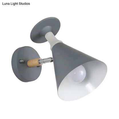 DecorBites™ DecorBites™ Nordic Iron Single Bulb Sconce Light - Rotatable Cone Wine Cup Wall Mounted Lamp with Wood Accent (Grey/White)