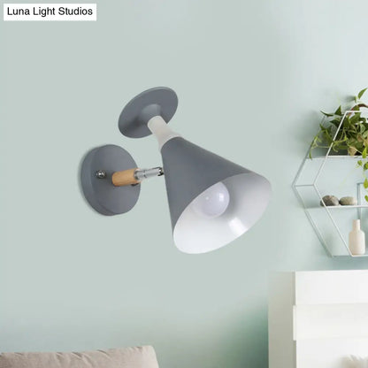 DecorBites™ DecorBites™ Nordic Iron Single Bulb Sconce Light - Rotatable Cone Wine Cup Wall Mounted Lamp with Wood Accent (Grey/White)