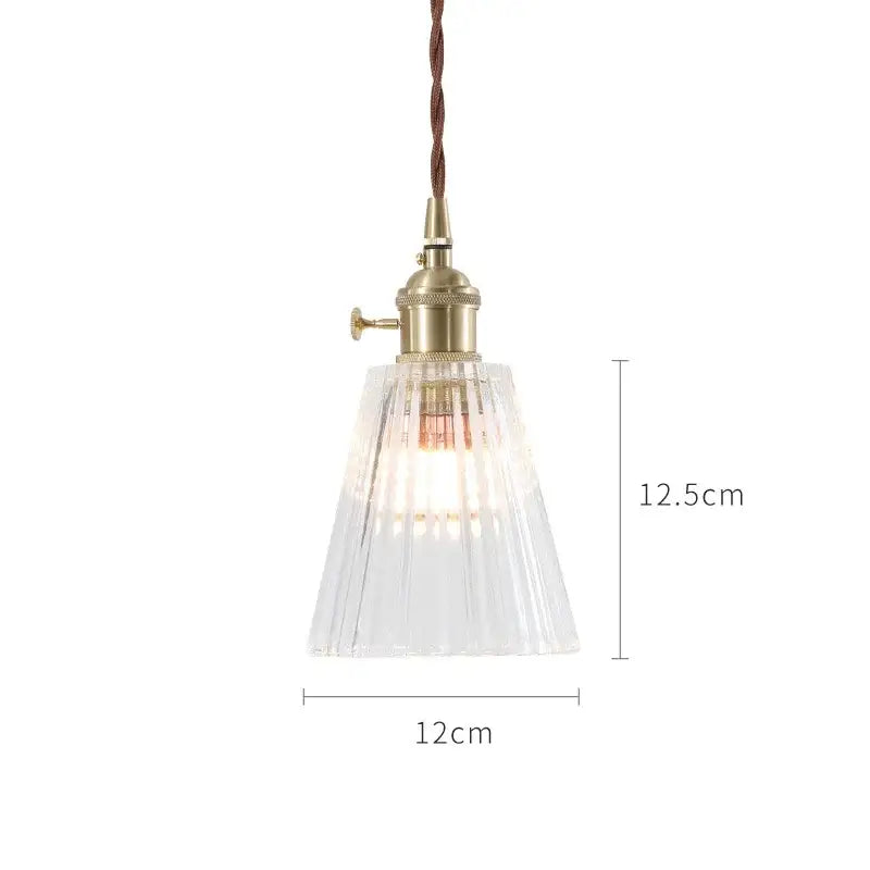 Clear fluted glass pendant light with brass fixture and twisted brown cord for nordic japan style dining room lighting