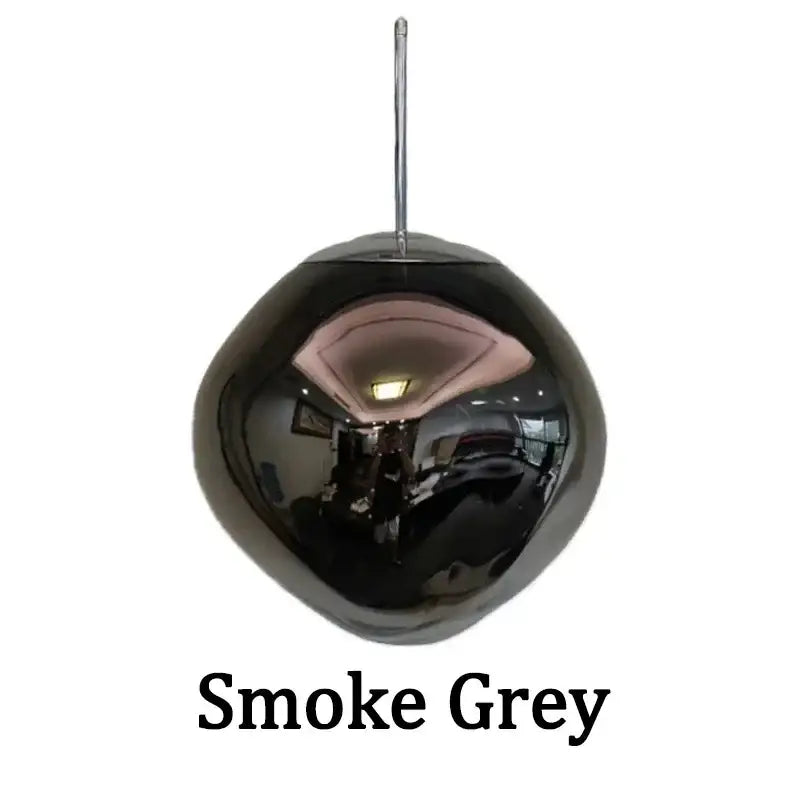 Smoke grey spherical pendant light with reflective glossy finish and metallic chain from decorbites nordic lava glass chandelier