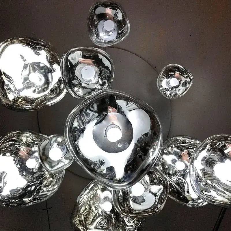 Silver reflective glass lava glass chandelier with organic bubble shapes from decorbites nordic lava collection