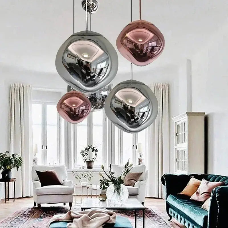 Modern metallic nordic lava glass chandelier in rose gold and silver with reflective spherical design for dining room decorbites nordic lava