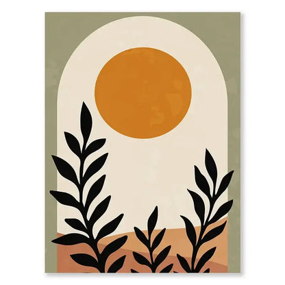Decorbites abstract nordic leaf canvas wall art featuring warm orange sun and black foliage in muted olive terracotta tones wall art