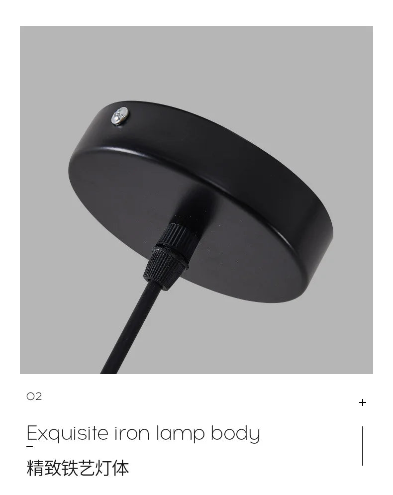 Black matte-finished iron nordic led crystal pendant lamp body with circular design and textured black cable attachment