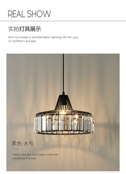 Black metal nordic chandelier with clear crystal accents modern iron pendant lamp for kitchen island or dining room