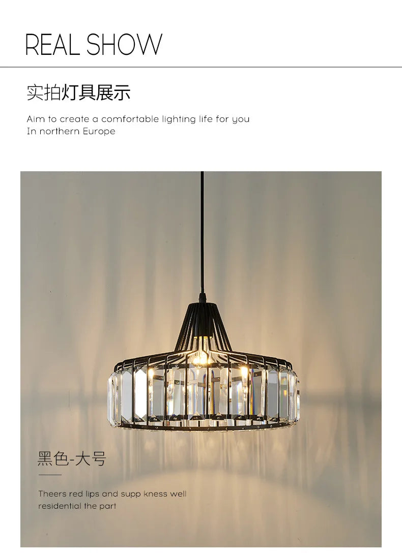 Black metal nordic chandelier with clear crystal accents modern iron pendant lamp for kitchen island or dining room