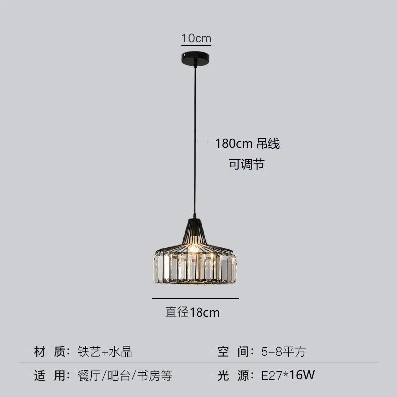 A modern black iron pendant lamp with clear crystal prisms and adjustable cord for dining or bar areas