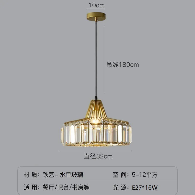 Gold-toned nordic LED crystal pendant lamp with geometric fluted metal frame and clear glass panels for kitchen island