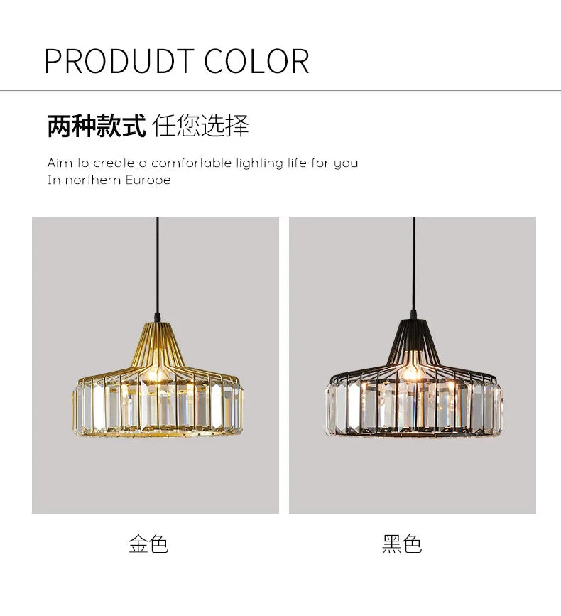 Modern nordic black iron pendant lamp with geometric cage design and clear crystal accents for kitchen island lighting
