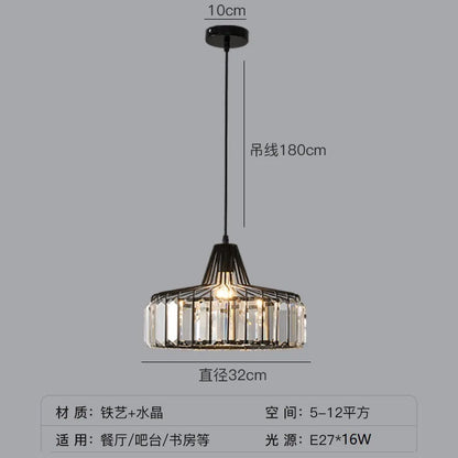 Black metal nordic LED crystal pendant lamp with clear crystal accents and 180cm chain for kitchen island lighting