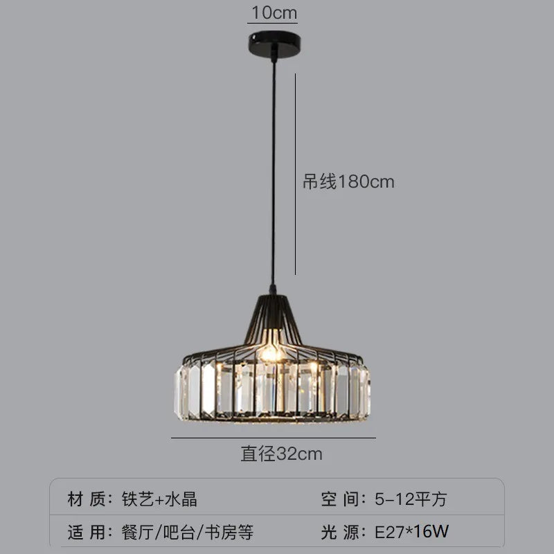 Black metal nordic LED crystal pendant lamp with clear crystal accents and 180cm chain for kitchen island lighting
