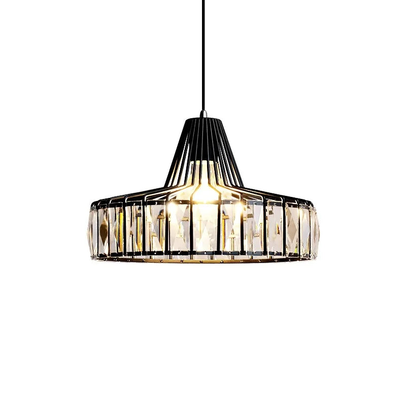 Black metal frame pendant light with faceted crystal panels for kitchen island dining room lighting fixtures