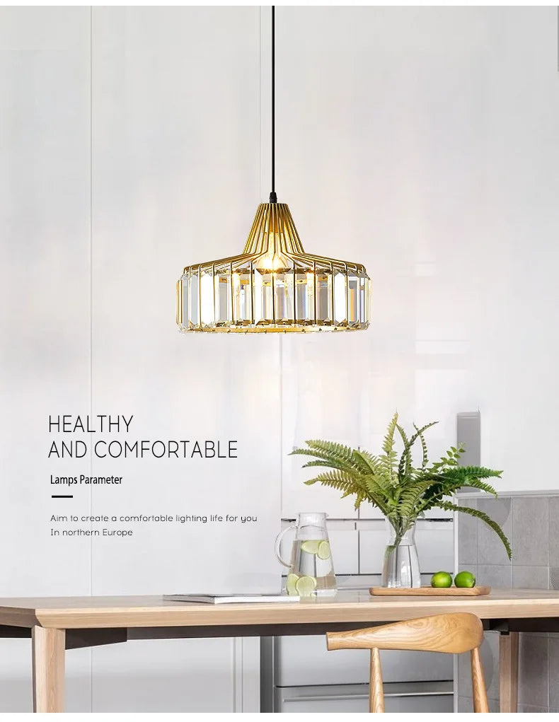 Gold-toned nordic led crystal pendant lamp with geometric cage design for kitchen island and dining room lighting