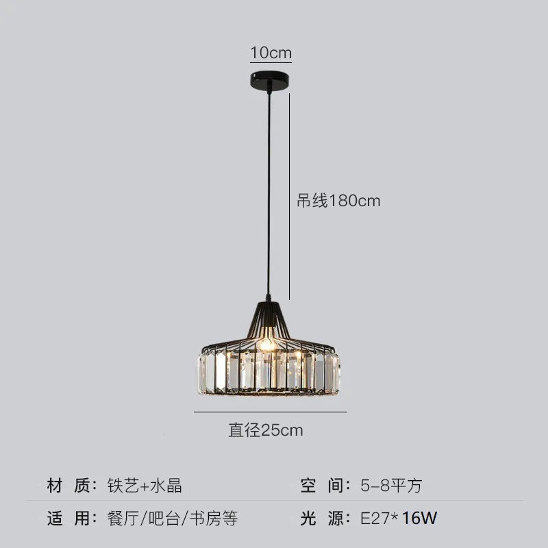 Black metal nordic LED crystal pendant lamp with clear accents 25cm diameter for kitchen island lighting