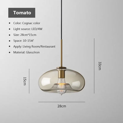 Cognac-colored nordic led glass pendant light with brass iron fixture and exposed led bulb for dining room use