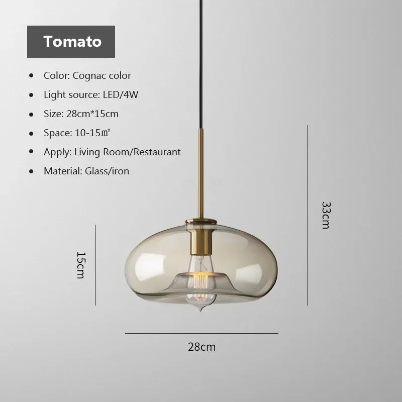 Cognac-colored nordic led glass pendant light with brass iron fixture and exposed led bulb for dining room use