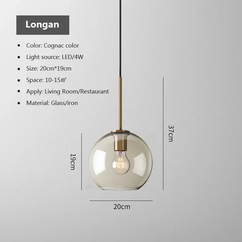 Cognac-colored nordic led glass pendant light with brass iron fixture and exposed led bulb for dining room use