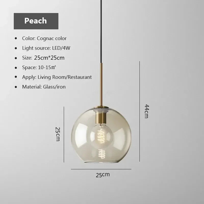 Cognac-colored spherical glass pendant light with brass iron fixture and led bulb for dining room nordic led glass chandelier