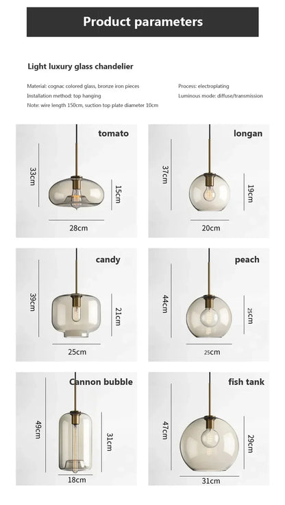 Nordic led glass pendant light with translucent colored glass and bronze iron frame for dining room decor