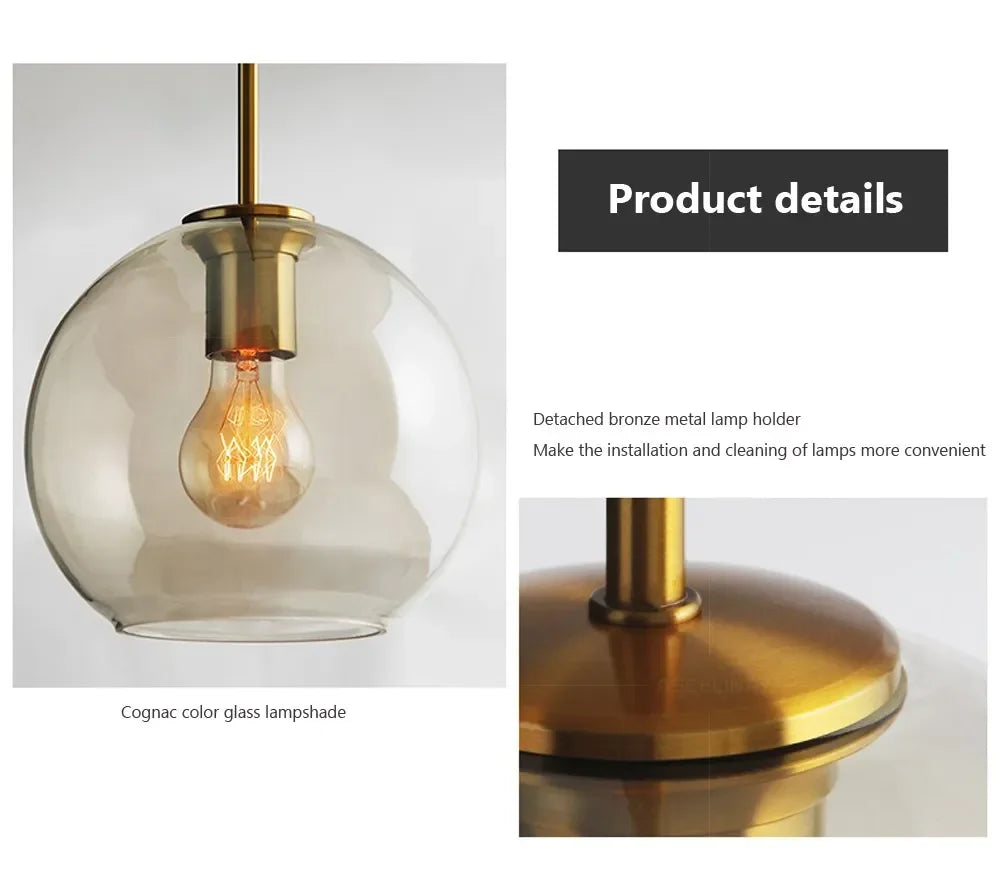 Cognac-colored nordic led glass pendant light with detachable bronze holder and exposed filament bulb for dining room use