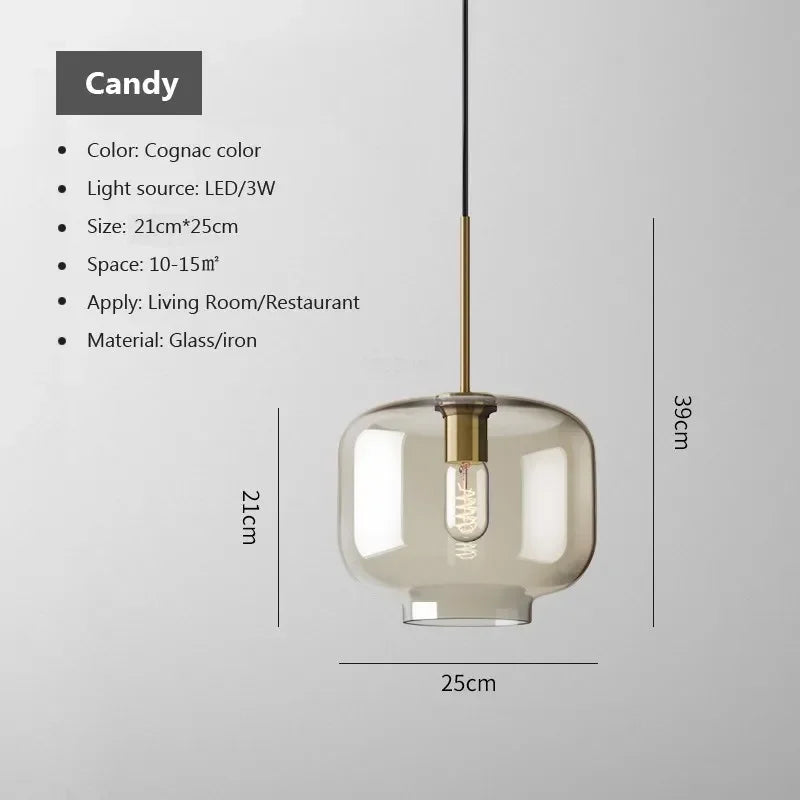 Cognac-colored nordic led glass pendant light with brass iron fixture and exposed led bulb for dining room use