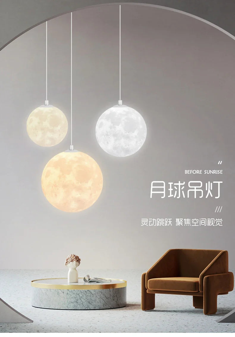 Three spherical nordic led moon pendant chandeliers glowing soft white and warm yellow for dining room kitchen decor
