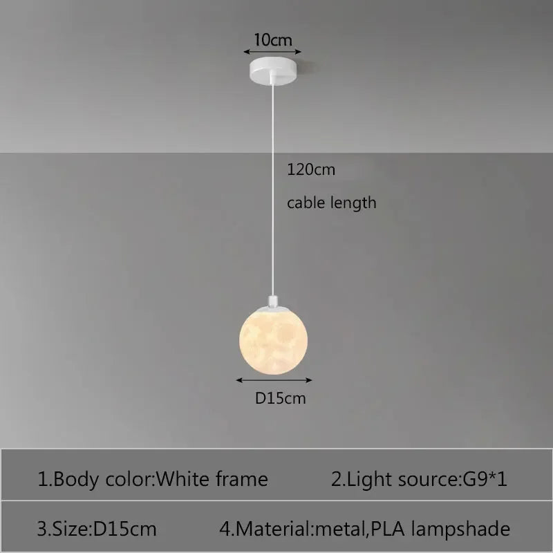 Minimalist white-framed nordic led moon pendant light with 15cm spherical pla shade and 120cm cable for dining room kitchen