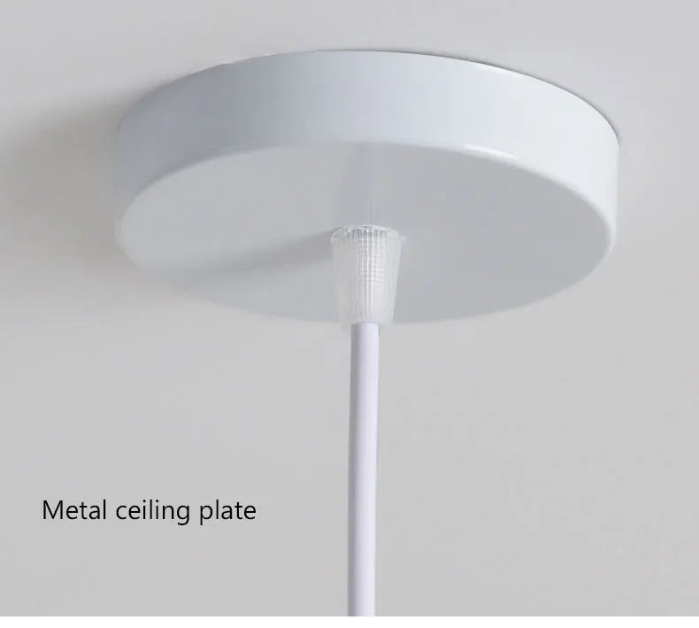 White circular metal ceiling plate with threaded connector and attached white cable for nordic led moon pendant lighting in dining room kitchen
